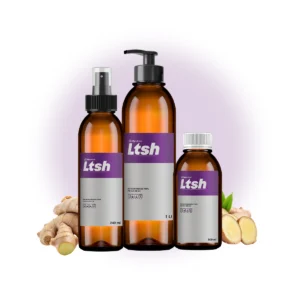 Frasco de aceite esencial de jengibre para masajes y energia