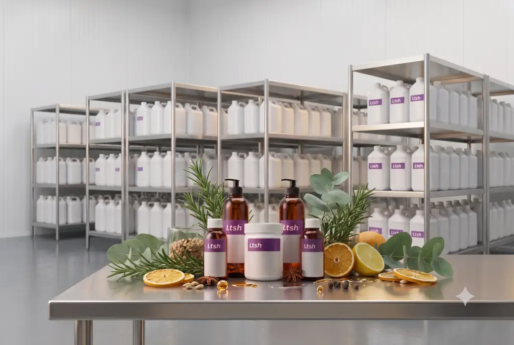Bodega de LTSH con envases de cosmética natural a granel y romero fresco